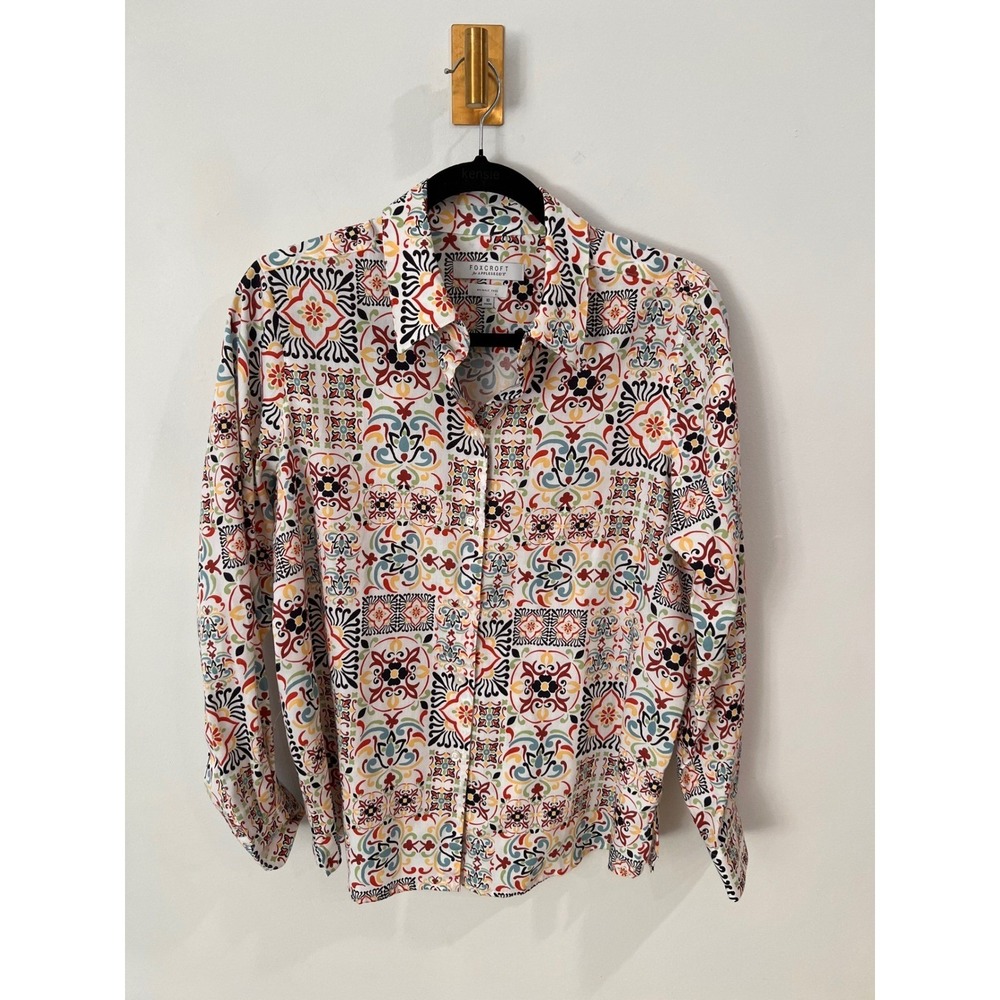 Foxcroft Artsy 100% Cotton Button Down Mosaic Wrinkle Free Multicolor Size 10